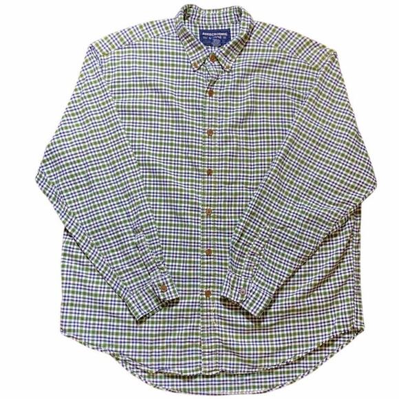 Vintage 90s Abercrombie & Fitch Button Down Green Blue Plaid Check Muscle Large - Picture 1 of 11